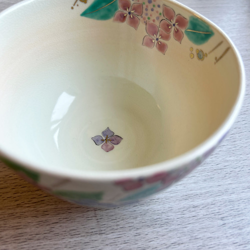 茶道具 抹茶茶碗 色絵 紫陽花（あじさい）、京焼 東福窯 中村