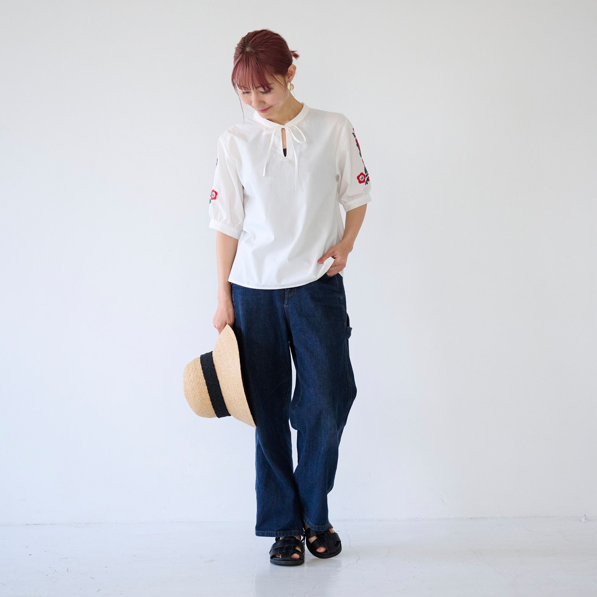 ﾓﾘﾉｶﾞｯｺｳ エスニック五分袖 花刺繍シャツ (ホワイト)｜mg-lb19-wt
