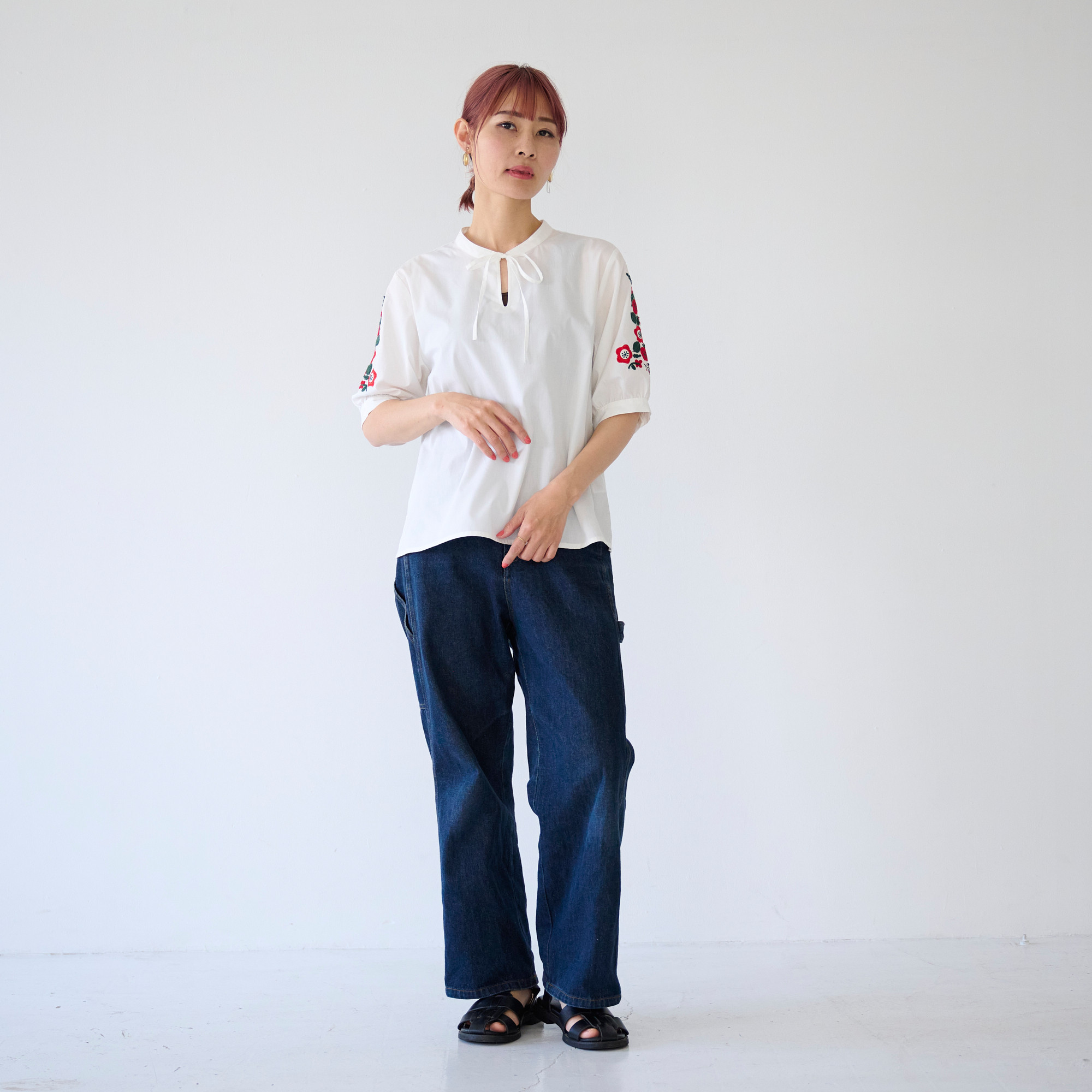 ﾓﾘﾉｶﾞｯｺｳ エスニック五分袖 花刺繍シャツ (ホワイト)｜mg-lb19-wt