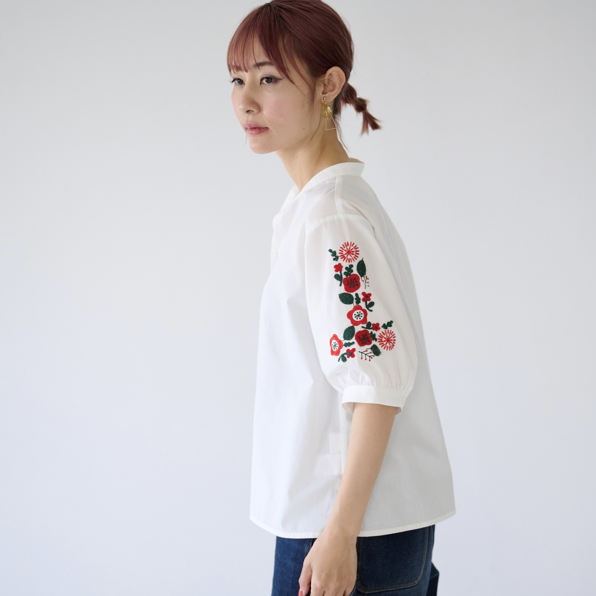 ﾓﾘﾉｶﾞｯｺｳ エスニック五分袖 花刺繍シャツ (ホワイト)｜mg-lb19-wt