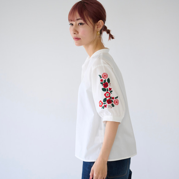 Morinogakko 民族風半袖花卉刺繡襯衫（白色） 第4張的照片