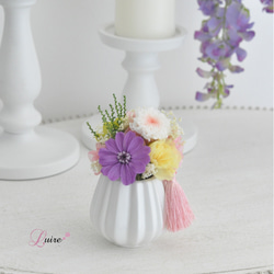 ジニアと小菊のプリザーブドフラワー仏花、お供え花／お悔み 新盆／ペット用仏花【クリアケース付き】 2枚目の画像