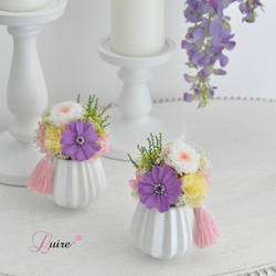 ジニアと小菊のプリザーブドフラワー仏花、お供え花／お悔み 新盆／ペット用仏花【クリアケース付き】 3枚目の画像