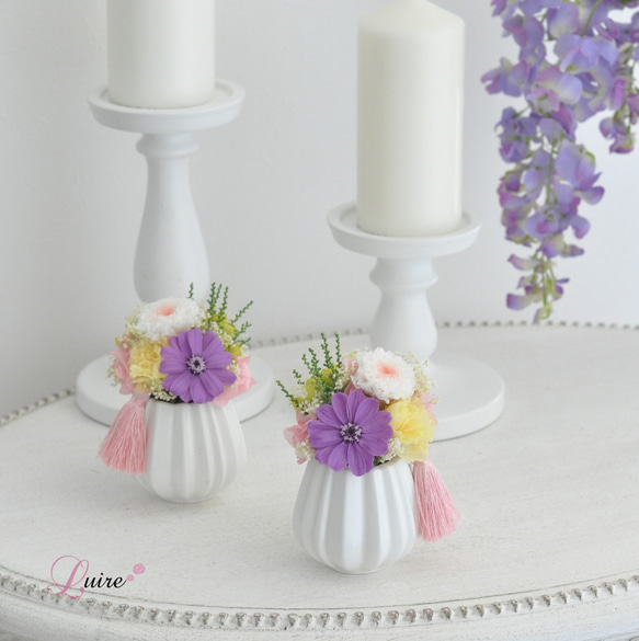 ジニアと小菊のプリザーブドフラワー仏花、お供え花／お悔み 新盆／ペット用仏花【クリアケース付き】 5枚目の画像