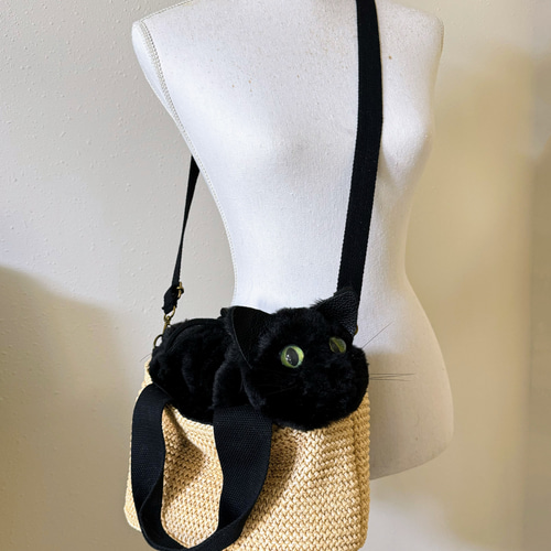 ねことお出かけ】黒猫が入ったカゴバッグ トート ミニショルダー