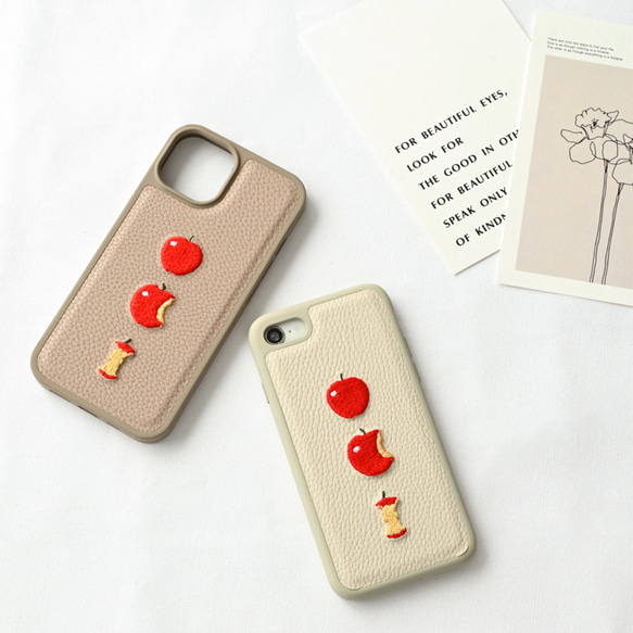 多機種対応 カラー リアケース 【 simple 刺繍 フレッシュアップル】スマホケース くすみカラー A285I 1枚目の画像