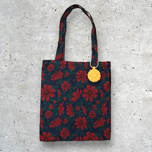 ジャガード織 トートバッグ 縦型 花刺繍 花柄 フラワー コスモス  