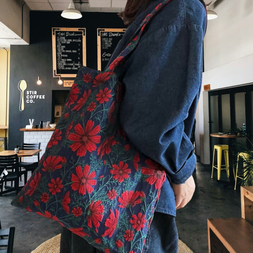 ジャガード織 トートバッグ 縦型 花刺繍 花柄 フラワー コスモス  