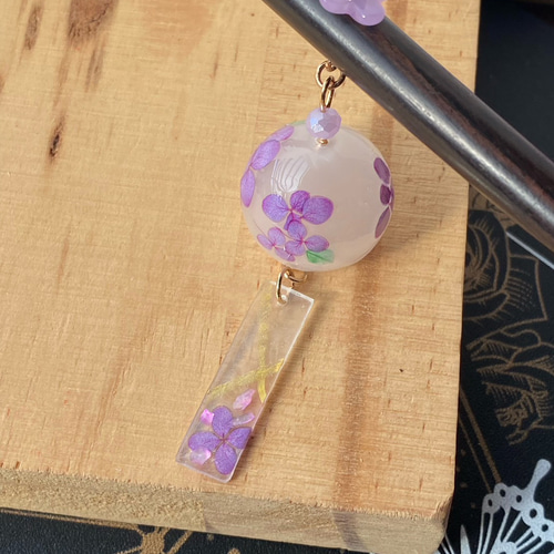 リアルミニ風鈴のかんざし 紫陽花 陶器風紫色 かんざし メノ工房