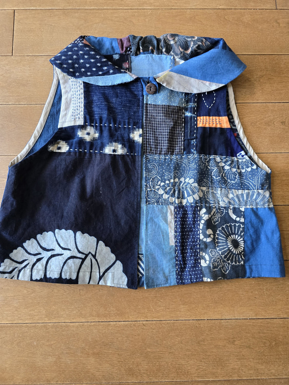 着物リメイク 手作り かわいい衿 絣 パッチ ベスト ロングパンツ  