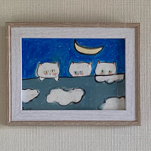女の子向けプレゼント集結 絵画。原画【かわいい猫たちは雲の布団をかぶって寝る準備をして 絵画
