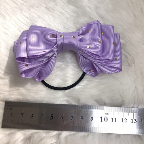 リボン ヘアゴム ヘアアクセサリー ハンドメイド 紫 パープル ドット