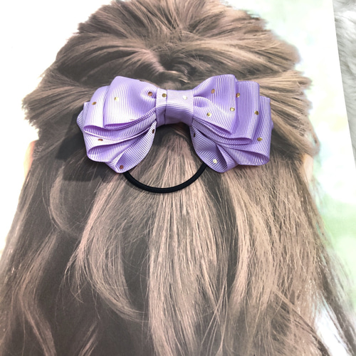 リボン ヘアゴム ヘアアクセサリー ハンドメイド 紫 パープル ドット