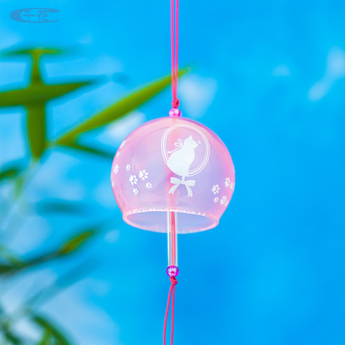 ガラス風鈴＊猫＊水色猫＆ピンク背景［ID：C10066-1］ 風鈴 千花