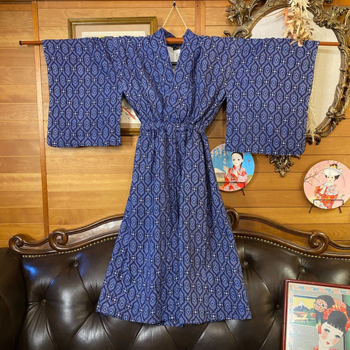 和洋折衷 絞り風浴衣 リメイク ワンピース ドレス 帯サッシュベルト  