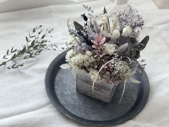 紫陽花とスモークツリーのボックスアレンジ】ドライフラワー アレンジ