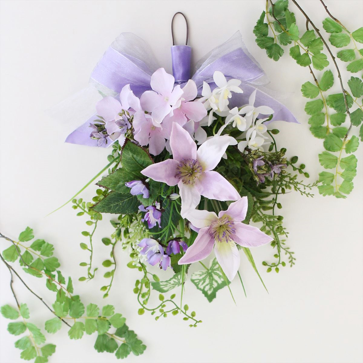 ☆薄紫 クレマチス＆紫陽花 スワッグ ホワイト ＜アーティフィシャル