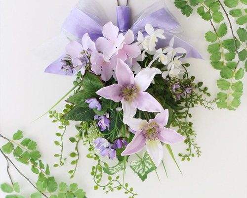 ☆薄紫 クレマチス＆紫陽花 スワッグ ホワイト ＜アーティフィシャル