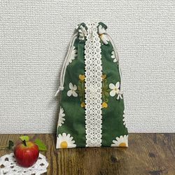 シンプル縦長巾着袋 *グリーン花柄×レース【22×12】 巾着袋 小さな花と