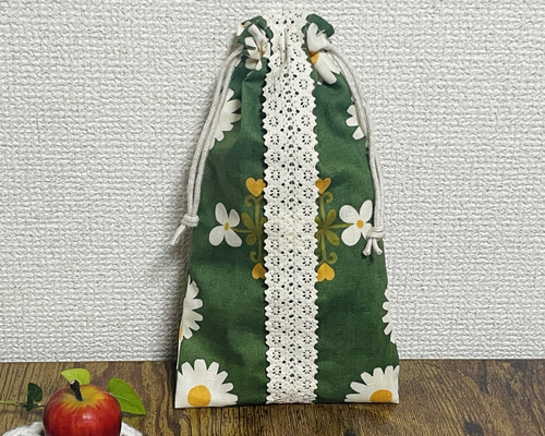 シンプル縦長巾着袋 *グリーン花柄×レース【22×12】 巾着袋 小さな花と