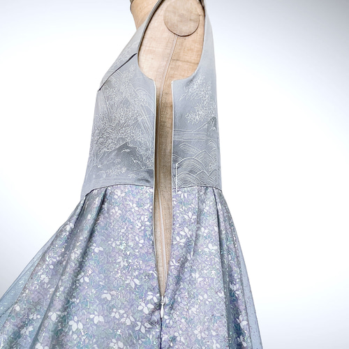 ラメチュール 花柄可愛い水色ワンピ 着物リメイク ワンピース着物  