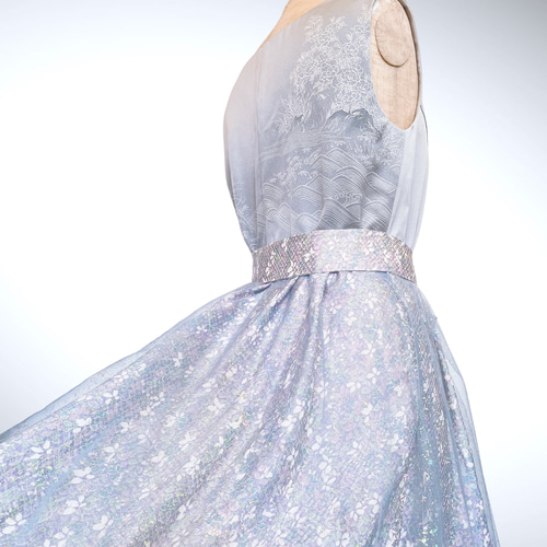 ラメチュール 花柄可愛い水色ワンピ 着物リメイク ワンピース着物  