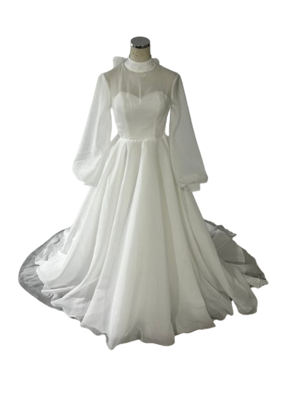 ウエディングドレス ホルターネック ソフトチュール シースルー袖 演奏  