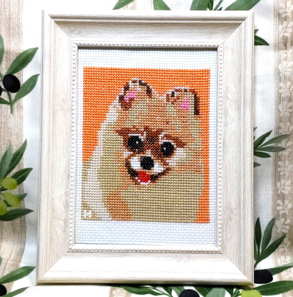 犬 ポメラニアン クロスステッチ フレーム入り 壁掛け 卓上 【HK003