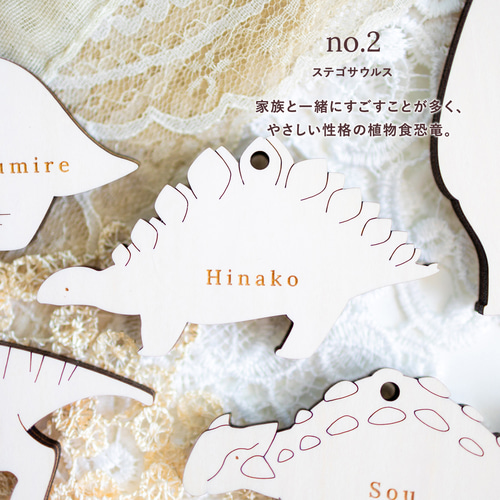 2点セット〉名入れ恐竜⌇子供席札・チャーム・タグ, 木製「Herbivore