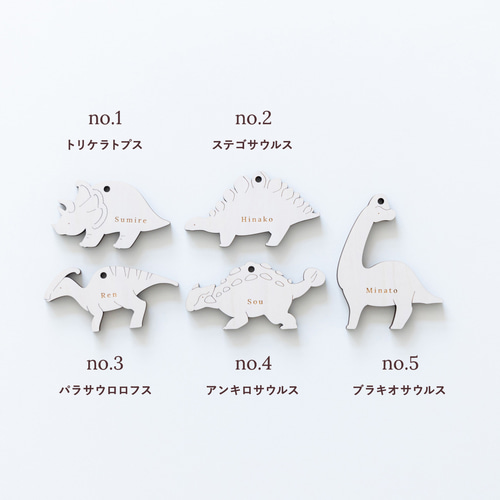 2点セット〉名入れ恐竜⌇子供席札・チャーム・タグ, 木製「Herbivore