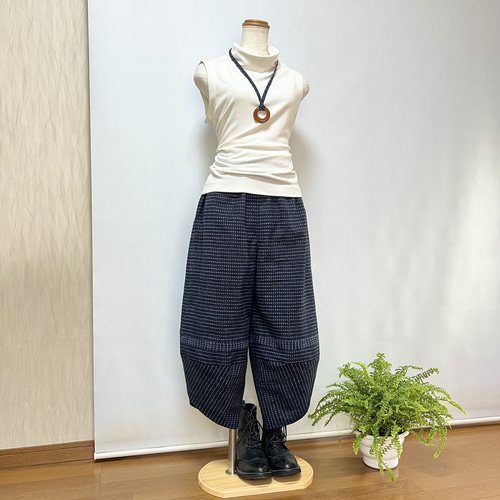 書生絣サルエルパンツ*瑪瑙ペンダント付き*着物リメイク 書生絣サルエルパンツ*瑪瑙ペンダント付き*着物リメイク