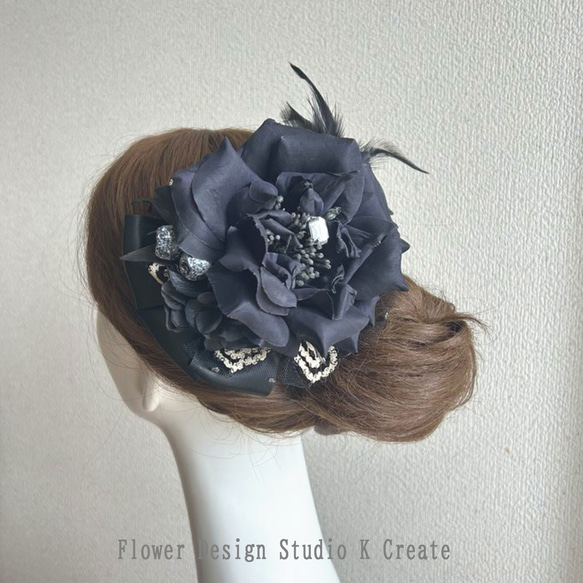 黒い薔薇のリボンヘアクリップ（L） 黒 成人式 卒業袴 ゴシック 袴 髪