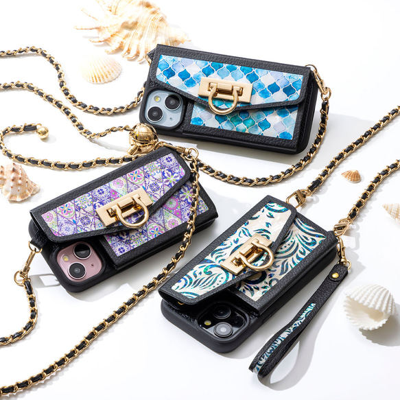 【夏季限定7/31まで】天然貝螺鈿アート×本革★スマホケース（カードケース／チェーン付き）｜Pandora (パンドラ) 1枚目の画像