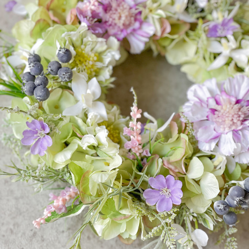 紫陽花 x スカビオサのリース グリーン あじさいリース アーティ 紫陽花 x スカビオサのリース グリーン あじさいリース アーティ