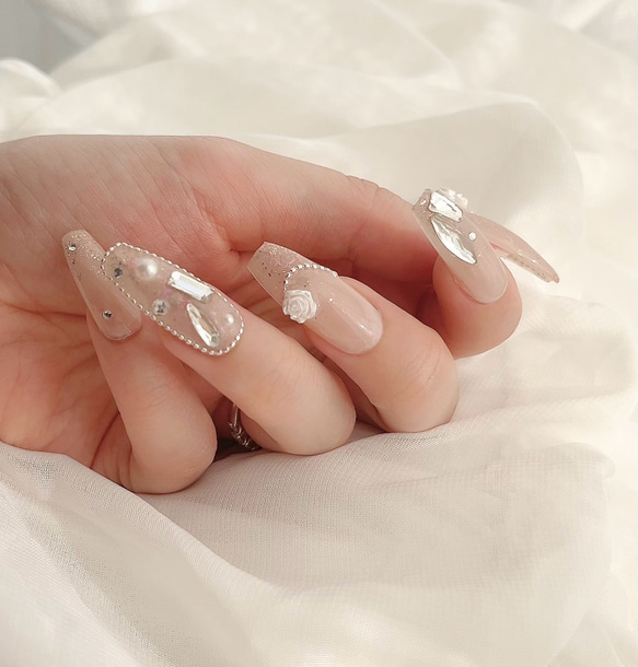 オーダーネイルチップワンホンピンク韓国薔薇リボンsolenail