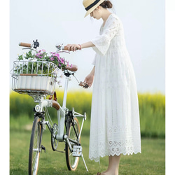 美しいカットレース　コットンのロングカーディガン/リゾートワンピース【春夏秋】白 9枚目の画像