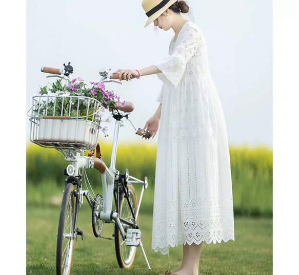 美しいカットレース　コットンのロングカーディガン/リゾートワンピース【春夏秋】白 9枚目の画像