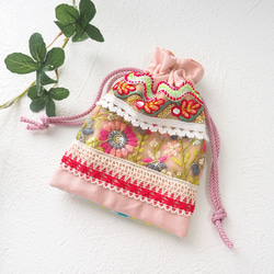 オーダー インド刺繍リボン ミニミニ巾着 ポーチ ハンドメイド 限定1点】インド刺繍リボンの小さめ巾着ポーチ（インドリボン