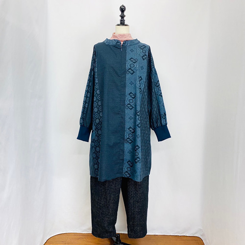 安曇野染絣】リブ割烹チュニック 紺 大島紬柄 綿100 天然素材 ゆったり  