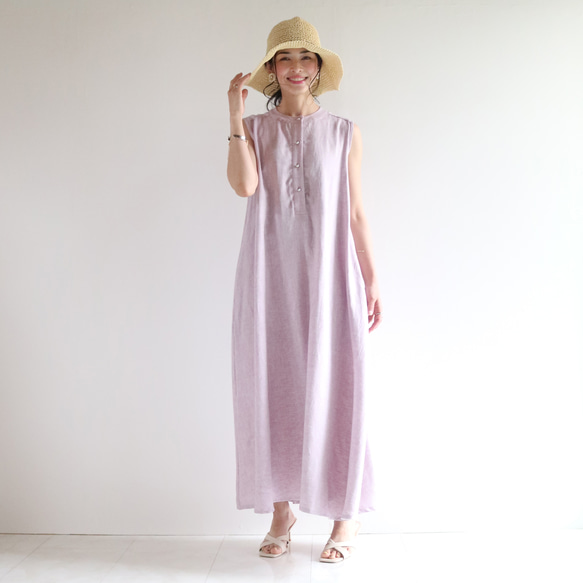 新款清涼無袖【人字紋】半亞麻長喇叭裙♡ 第3張的照片