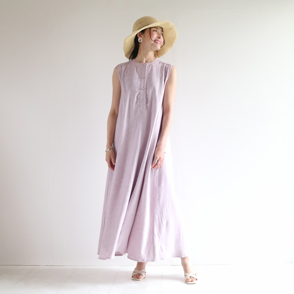 新款清涼無袖【人字紋】半亞麻長喇叭裙♡ 第2張的照片