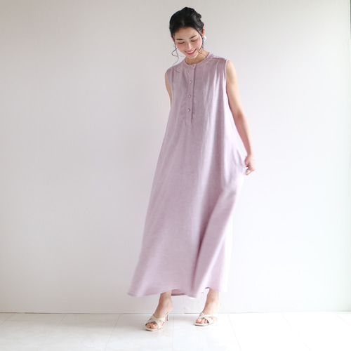 New涼感ノースリーブ【ヘリンボーン柄】ハーフリネンロングフレア