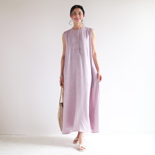 New涼感ノースリーブ【ヘリンボーン柄】ハーフリネンロングフレア