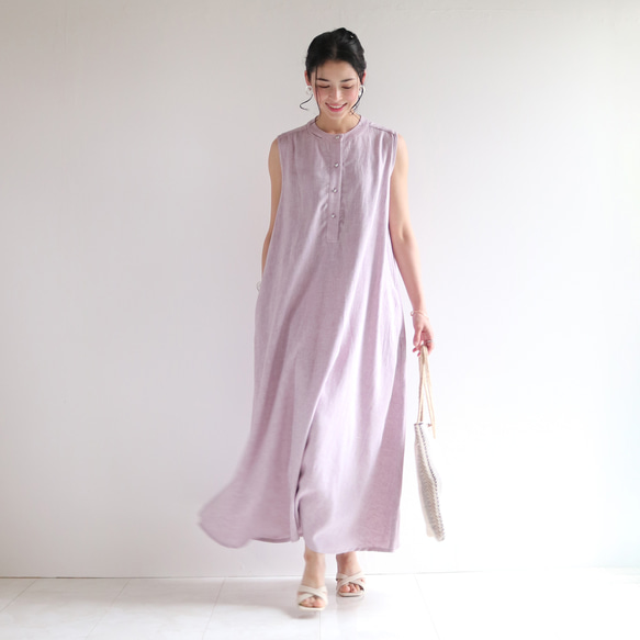 新款清涼無袖【人字紋】半亞麻長喇叭裙♡ 第1張的照片