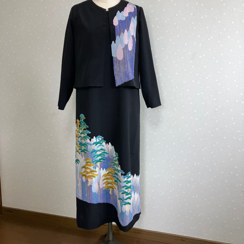 No.124留袖ドレスノースリーブワンピースとボレロ直線11号M〜L着物  