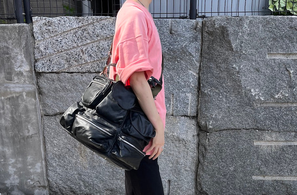 収納ポケット群レザーボストンバッグ BLACK バッグ・カバン 皮、革、レザー SKC1507078805(11550円)