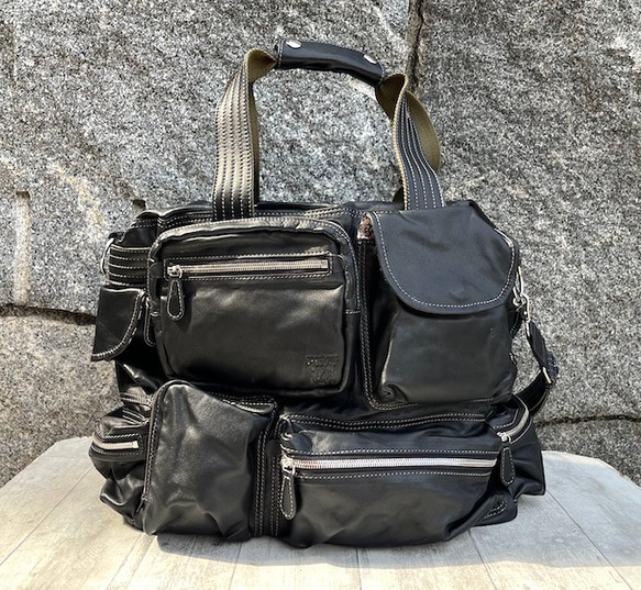 収納ポケット群レザーボストンバッグ BLACK バッグ・カバン 皮、革、レザー SKC1507078805(11550円)