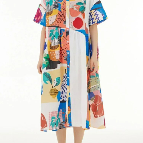 70s カラフルパッチワーク半袖ワンピース ワンピース カラフル パッチワークプリント ドレス ゆったり 個性的