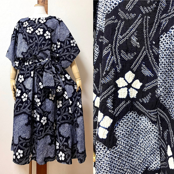 有松絞り 着物スリーブ フリーワンピース 着物リメイク ワンピース