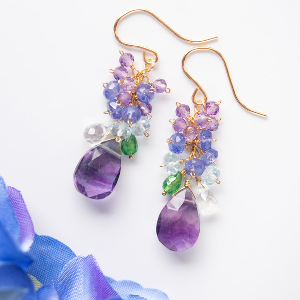 フローライト・ルチルクォーツ・ムーンストーンの14kgfピアス ルチル